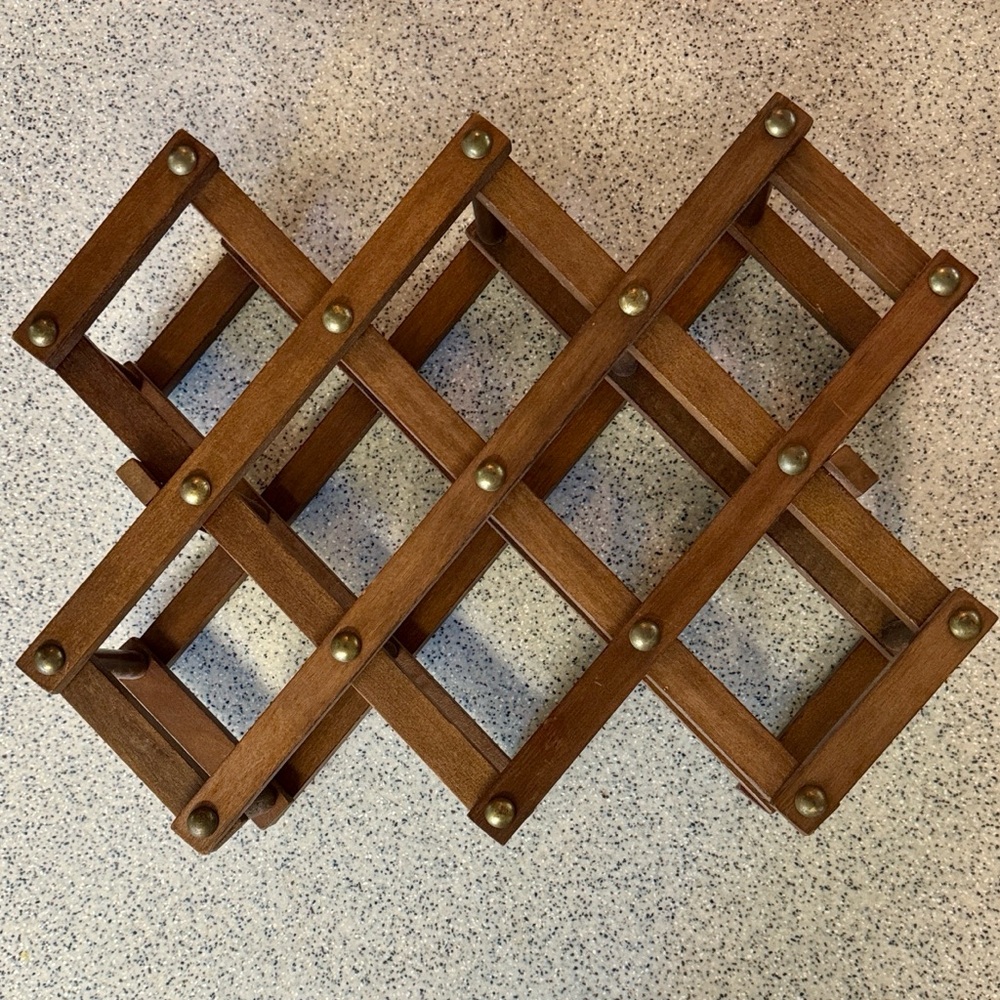 Vintage 70s Wooden Folding Accordion Style Wine Rack with Brass Nails.